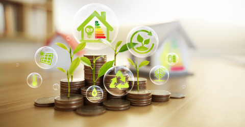 Stapels muntgeld met icoontjes erop van een plantje, windenergie, zonnepanelen